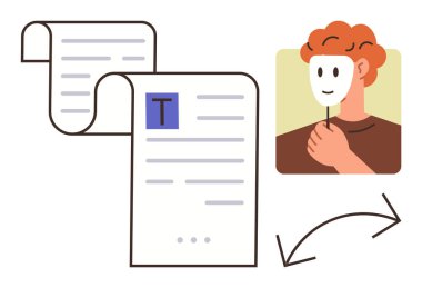 Taraflar arasındaki belge transferi kimliği, kimliği ve şeffaflığı temsil eden bir maske taşıyan bir kişiyle eşleştirildi. Güvenlik, mahremiyet, kimlik, evrak, iş değişimi, dolandırıcılık için ideal