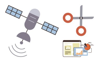 Uydu sinyalleri gönderiyor, makas kesiyor ya da düzenliyor, analitik çizelgeli gösterge paneli. Teknoloji, iletişim, veri transferi, analitik, karar verme ve düzenleme için ideal