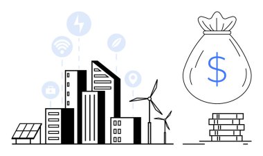 Rüzgar türbinleri ve güneş panellerinin yanındaki kentsel binalar temiz enerji entegrasyonunu temsil ediyor. Dolarlık çanta ve madeni paralar maddi faydaları vurgular. Sürdürülebilirlik, ekonomi, yeşil enerji ve şehir için ideal