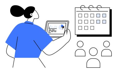 Bir takvime işaret eden tabletli bir kadın, yönetim, planlama, planlama, takım çalışması, analitik, üretkenlik ve strateji için ideal takım figürleriyle birlikte. Basit düz metafor