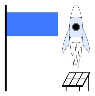 Roket mavi bayrak ve güneş panelinin yanında kalkıyor, gelişimi, enerjiyi ve keşfi simgeliyor. Büyüme, teknoloji, yenilik, sürdürülebilirlik, yenilenebilir enerji başarısı için idealdir.