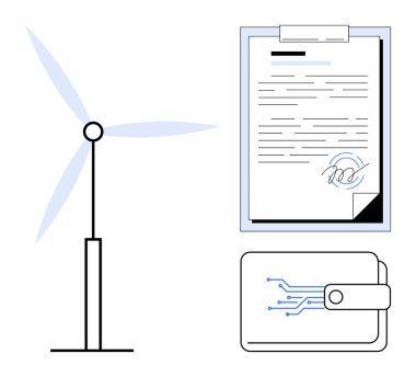Rüzgar türbini, imzalı belge ve dijital cüzdan yenilenebilir enerji, finans teknolojisi, dijital belgeler, sürdürülebilirlik, çevre anlaşmaları, akıllı teknoloji temalarını vurguluyor