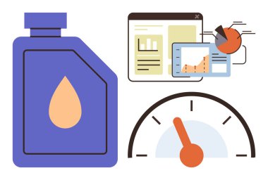 Otomotiv yağı kabı, iğne, çizelge ve performans grafikleriyle gösterge paneli. Araç bakımı, motor sağlığı, yakıt verimliliği, mekanik, veri analizi için ideal basit
