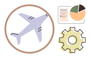 Daire içinde bir uçak, bar ve pasta grafikleri ve bir vites simgesi. Havacılık, lojistik, veri analizi, strateji, seyahat yenilikçiliği verimliliği için ideal. Basit bir düz metafor.