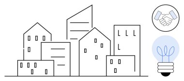 Özetlenmiş şehir binaları, ortaklığı sembolize eden bir tokalaşma ikonu ve yenilik için bir ampul. İş, mimari, kentsel planlama, takım çalışması, fikirler, ilerleme toplumu için ideal