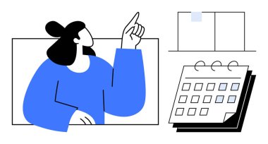 Düzenli bloklara ve takvim düzenine doğru hareket eden kişi. Zaman yönetimi, organizasyon, planlama, üretkenlik, zamanlama, iş stratejisi, basit bir düz metaforda takım çalışması için ideal