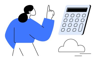 Kadın hesap makinesine doğru elini kaldırarak hesaplama ve teknoloji kullanımını vurguladı. Finans, muhasebe, bütçe, dijital araçlar, eğitim, problem çözme, karar verme için idealdir. Minimalist