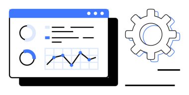 Bir dişlinin yanında grafikler, grafikler ve dairesel simgelerden oluşan etkileşimli veri gösterge paneli. Analiz, optimizasyon, iş stratejisi, performans takibi, veri içgörüleri, teknoloji kavramları için ideal