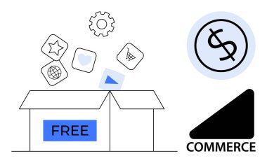 FREE etiketli açık kutu bir yıldızı, alışveriş arabasını, kalbi, vitesi, küreyi ve oyun düğmesini parmakla işaretliyor. Yakınlarda dolar işareti ve ticaret şekli var. E-ticaret ve perakende pazarlama satışları için ideal