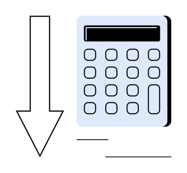 Hesap makinesinin yanındaki aşağı ok maliyet düşüşünü, tasarrufu, gider yönetimini veya bütçeyi sembolize ediyor. Finans, analiz, strateji, muhasebe, ekonomi işleri için idealdir. Basit düz metafor.