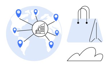 Merkezi bir merkeze, alışveriş torbalarına ve buluta bağlı mavi konum işaretleri olan dünya haritası. Küresel ticaret, lojistik, çevrimiçi alışveriş, perakende ağı, bağlantı, tedarik zinciri işi için ideal