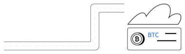 İşlem yolu üzerinden bulut deposuna bağlı Bitcoin kart cüzdanı. Kripto para birimi, engelleme zinciri, fintech, dijital ödeme, ademi merkeziyetçi finans, bulut hesaplama, sanal para birimi için ideal