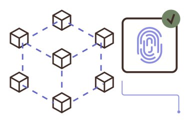 Parmak izi doğrulaması ve kontrol işareti simgesi olan birbirine bağlı küplerden oluşan engelleme zinciri ağı. Güvenlik, kimlik, teknoloji, yenilik, bağlantı, kimlik doğrulama ve doğrulama için ideal