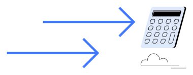Hesap makinesini gösteren iki mavi ok, gelişmiş dijital sistemleri vurguluyor. Bulut sembolü çevrimiçi işleme işaret ediyor. Finans, muhasebe, otomasyon, iş akışı, bulut entegrasyonu için ideal
