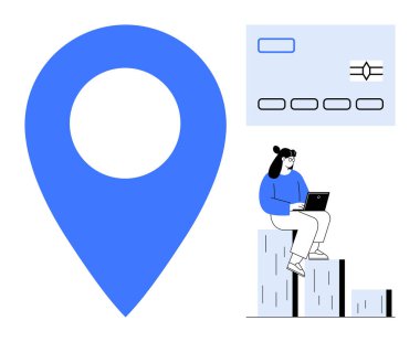 Yukarıdaki barlara dizüstü bilgisayar kullanan bir kadın, yakınlardaki büyük konum işaretleyicisi ve kredi kartı. İş, finans, teknoloji, konum hizmetleri, e-ticaret, analiz ve strateji görselleri için ideal. Basit.