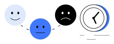 Mutluluğu, tarafsızlığı ve bir saatin yanında birbirine bağlı bir zaman çizgisi olan üzüntüyü gösteren üç yüz. Zihinsel sağlık, duygu değişiklikleri, üretkenlik, psikoloji, stresi takip eden davranış için ideal