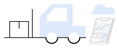 Kargo kamyonu ve paket, veri tablosu, kontrol listesi ve bulut şeklinde pano. Lojistik, dağıtım, nakliye, tedarik zinciri, veri izleme, performans analizi ve iş için ideal