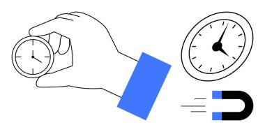 El ele tutuşan küçük bir saat, bir duvar saati ve zamanı çeken bir mıknatıs. Zaman yönetimi, verimlilik, teslim tarihleri, odaklanma, verimlilik planlama için ideal. Asgari tasarım basit düz metafor