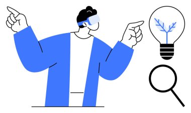 VR kulaklıklı biri elleriyle hareket ediyor. Ampul, yaratıcılığı simgeliyor. Arama için büyüteç. Teknoloji, yenilik, tasarım düşünme, araştırma, keşif, yaratıcılık için idealdir.