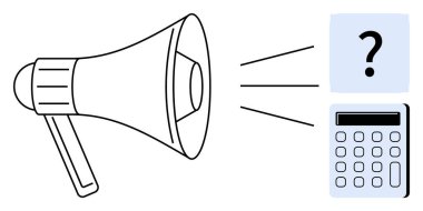 Bir hesap makinesine ve soru işareti bloğuna ses dalgaları yayan megafon, iletişimi, hesaplamayı, geri bildirimi, problem çözmeyi, stratejiyi, dijital etkileşimi ve yeniliği temsil eder. Basit.