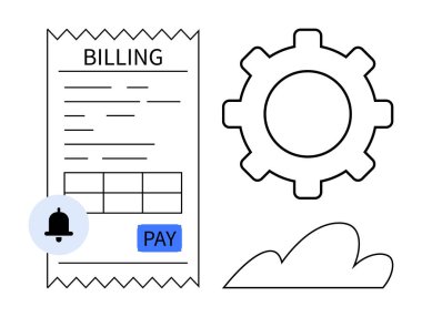 Fatura makbuzunda ödeme bölümü, vites sembolize etme süreci, alarm uyarısı ve bulut etiketi var. Finans, otomasyon, bildirimler, teknoloji, ödeme iş akışı bulut hizmetleri için idealdir