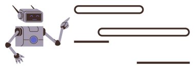 Metin satırlarını gösteren insansı robot, yapay zekayı, otomasyonu, iletişimi ve öğrenmeyi sembolize ediyor. Teknoloji, eğitim, eğitim, yenilikçi kullanıcı yardımı robotları için ideal