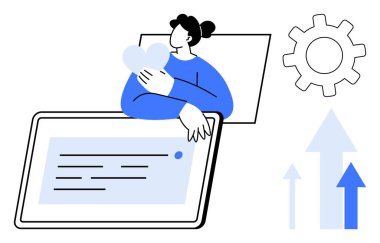 Dijital tabletle etkileşime girerken kalbi tutan kişinin yanında dişli ve yukarı doğru oklar var. Teknoloji, yenilik, sağlık, ilerleme, bakım, kişiselleştirme takım çalışması için ideal. Basit.