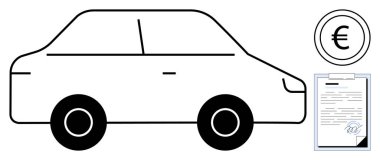 Avrupa para birimi sembolü ve imzalı belge ile otomobil ana hatları, otomobil satın alma, sigorta, kiralama gibi finansal kavramların altını çiziyor. Finans, kredi, ulaşım, anlaşmalar, ticaret için ideal