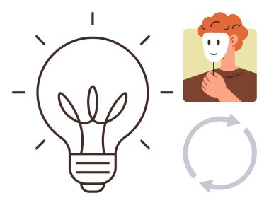 Filizli ampul, maske tutan insan ve dairesel oklar. Yenilik, kimlik, dönüşüm, sürdürülebilirlik, kendini ifade etme yaratıcılığı ve kişisel gelişim için idealdir. Basit düz