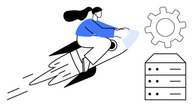 Rokete binen bir kadın, otomasyonu sembolize eden vites, sunucu yığını. Teknoloji, yenilik, girişim, ilerleme, verimlilik veri yönetimi için idealdir. Basit bir düz metafor.