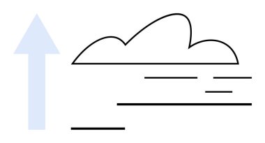 Yatay rüzgar çizgileri olan bir bulutun yanında yükselen mavi ok gelişimi, büyümeyi, çevresel hedefleri, sürdürülebilirliği, yeniliği, teknolojiyi, fırsatı ve basitliği temsil eder. Başarı için ideal