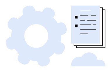 Kağıt yığınının ve bulut simgesinin yanında büyük teçhizat. İşlem yönetimini ve bulut depolamasını simgeliyor. Verimlilik, otomasyon, işbirliği, belgeler, teknoloji, depolama, üretkenlik için ideal
