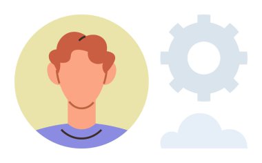 Tarafsız çemberde bulunan insan avatarı. Yanında ekipman ve bulut şekilleri var. Profil temaları, kullanıcı ayarları, kişiselleştirme, teknoloji, bulut hesaplama, ağ oluşturma, basit düz metafor