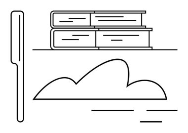 Bir yığın kitap, bir kalem ve bir bulut taslağı. Eğitim, bilgi, öğrenme, yaratıcılık, edebiyat çevrimiçi kaynak yazımı için idealdir. Basit düz metafor