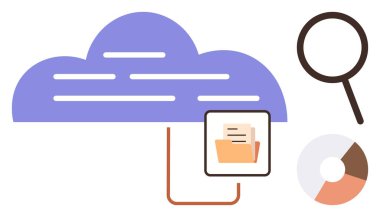 Dosya klasörüne bağlanan bulut yapısı, büyüteç, pasta grafiği. Bulut servisi, veri depolama, dosya paylaşımı, analitik ve teknoloji araştırma organizasyonu için ideal. Basit düz metafor