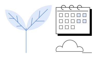 Takvim ve bulut çizgisi sanatının yanında yaprak filizlenir. Planlama, programlama, sürdürülebilirlik, büyüme, gelecekteki kalkınma, doğa odaklı stratejiler ve çevre dostu çözümler için idealdir. Basit düz