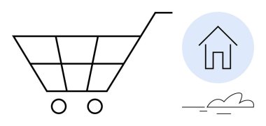 Mavi daireli ev ikonu ve minimalist bulutun yanında boş bir alışveriş arabası. Çevrimiçi alışveriş, e-ticaret, perakende, dağıtım hizmeti, ev konforu, dijital pazar, müşteri alışverişi için ideal