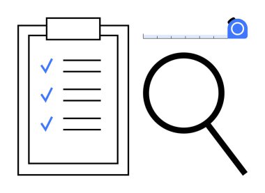 Listeli pano, büyüteç ve mezura. Organizasyon, değerlendirme, planlama, teftiş, hassas problem çözme araştırmaları için ideal. Temiz ve basit düz metafor