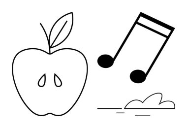 Elma, müzik notaları ve kalın ana hatlardaki bulut vektörü sağlık, yaratıcılık, eğitim, müzik, doğa, farkındalık ve refah temalarını yansıtır. Basit düz metafor için ideal