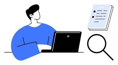 Laptop kullanan kişi, detaylı bilgi incelemesi için belge yığını, büyüteç vurgulama soruşturması, araştırma, öğrenme. Eğitim, iş, araştırma, planlama analizi için ideal