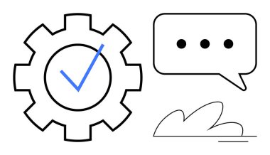 Mavi işaretli vites, noktalı konuşma balonu ve basit bir bulut çizgisi. Takım çalışması, geri bildirim, işbirliği, üretkenlik, iletişim, onay süreci dijital entegrasyon için ideal