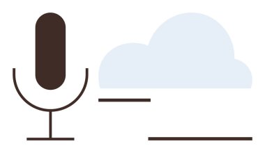 Bulutun yanında basit bir mikrofon simgesi, ses kaydını, bulut depolamasını ve ses iletimini görselleştiriyor. Veri paylaşımı için ideal, yapay zeka, sanal asistan, podcast, dosya yönetimi akıllı teknoloji