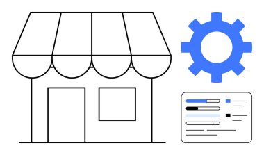 Teçhizatlı bir vites tentesi ve optimizasyon, analiz ve ayarları vurgulayan bir veri arayüzü. Küçük işletme, perakende, e-ticaret, pazarlama, işlem yönetimi, otomasyon için ideal