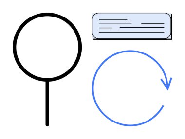 Büyüteç, eğri ok ve dikdörtgen metin kutusu arama, yenileme ve belgelemeyi temsil ediyor. Keşif, güncelleme, araştırma, veri yönetimi iş akışı UI tasarımı ve kavramsal