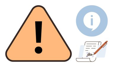 Ünlem işareti üçgeni, bilgi için i ile konuşma balonu ve kalemle imzalanmış belge. Güvenlik, rehberlik, yasal, anlaşma, uyarı şartları ve iletişim bağlamları için ideal. Basit düz