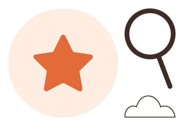 Оранжевая звезда внутри круга, увеличительное стекло и очертания облаков представляют анализ, рейтинг и стремления. Идеально подходит для успеха, открытия, ранжирования, достижения творческих целей.