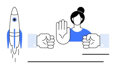 Kadın, roket fırlatma ve sıkılmış yumruklarla durmak için elini kaldırıyor. Çatışmayı, direnişi ve sınırları simgeliyor. Yüzleşme, kontrol, takım çalışması, müzakere, yönetim liderliği için ideal