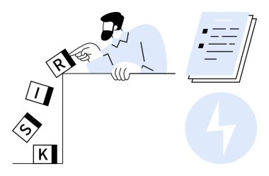 Adam stratejik olarak RISK etiketli blokları kenarın yakınına, kontrol listesi ve güç sembolü olan bir yere yerleştiriyor. İş stratejisi, karar verme, risk yönetimi, planlama, sorun çözme için ideal
