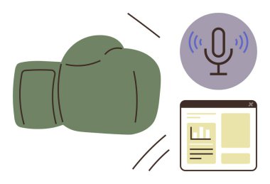 Yeşil boks eldiveni, dairesel mikrofon ikonu ve web sayfası düzeni rekabeti, diyaloğu ve dijital etkileşimi sembolize ediyor. Spor pazarlama, podcast, çatışma çözümü ve medya için ideal