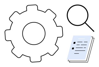 Büyüteç ve araştırmayı, sistem gelişimini, problem çözmeyi sembolize eden belge yanında vites. İş akışı, organizasyon, verimlilik, denetleme, yönetim yenilik endüstrisi için idealdir. Basit.